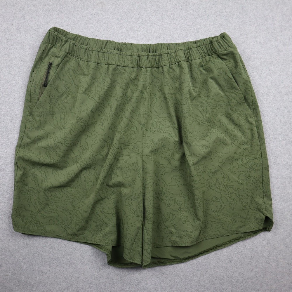 REI Co-op Shorts Mens XL Green Topo Map Print Athletic Hiking Trail Running 7in